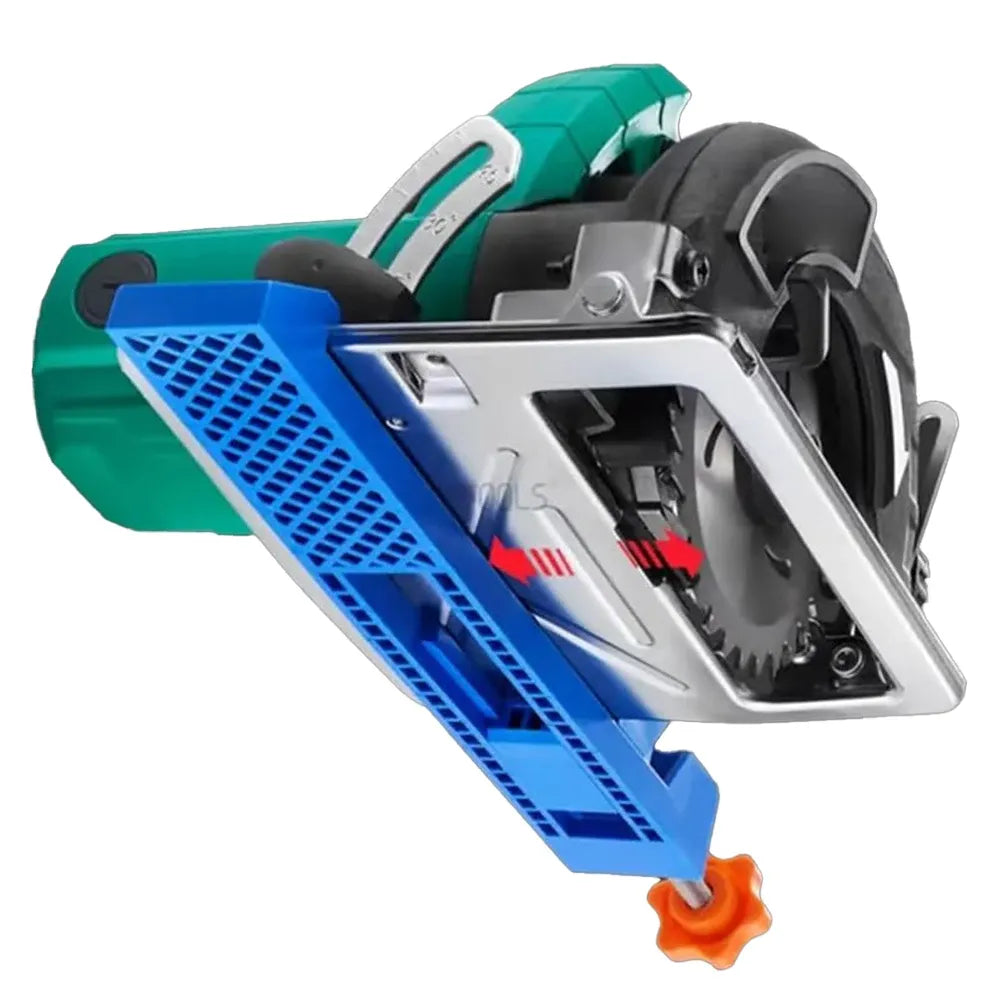 Blue circular saw edge guide positioner clamp with orange knob, mounted on saw