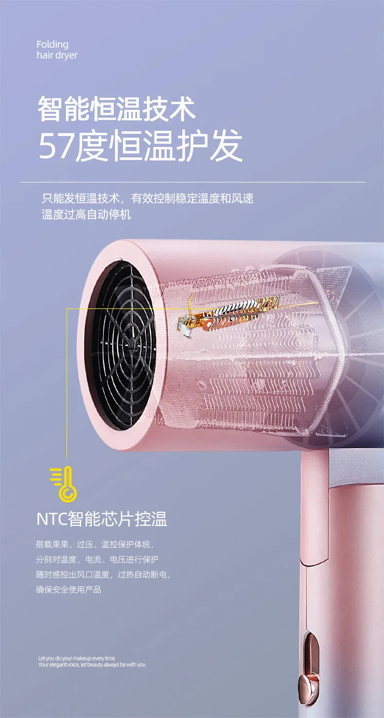 Pink foldable mini hair dryer with NTC smart temperature control, heating element detail, and overheat protection.