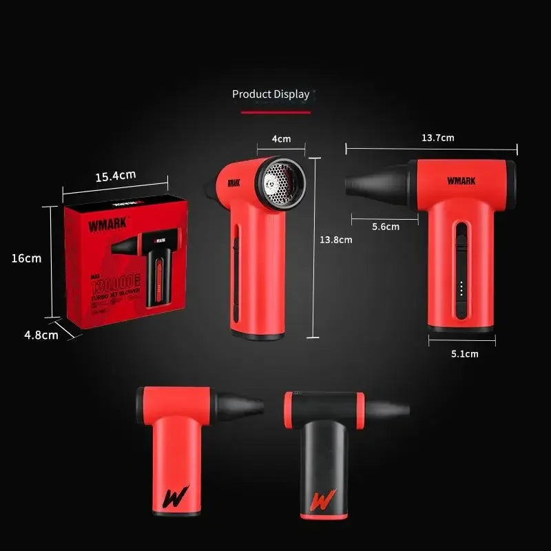 WMARK red brushless turbo jet hair dryer blower with attachments and dimensions, ideal for precise salon styling.