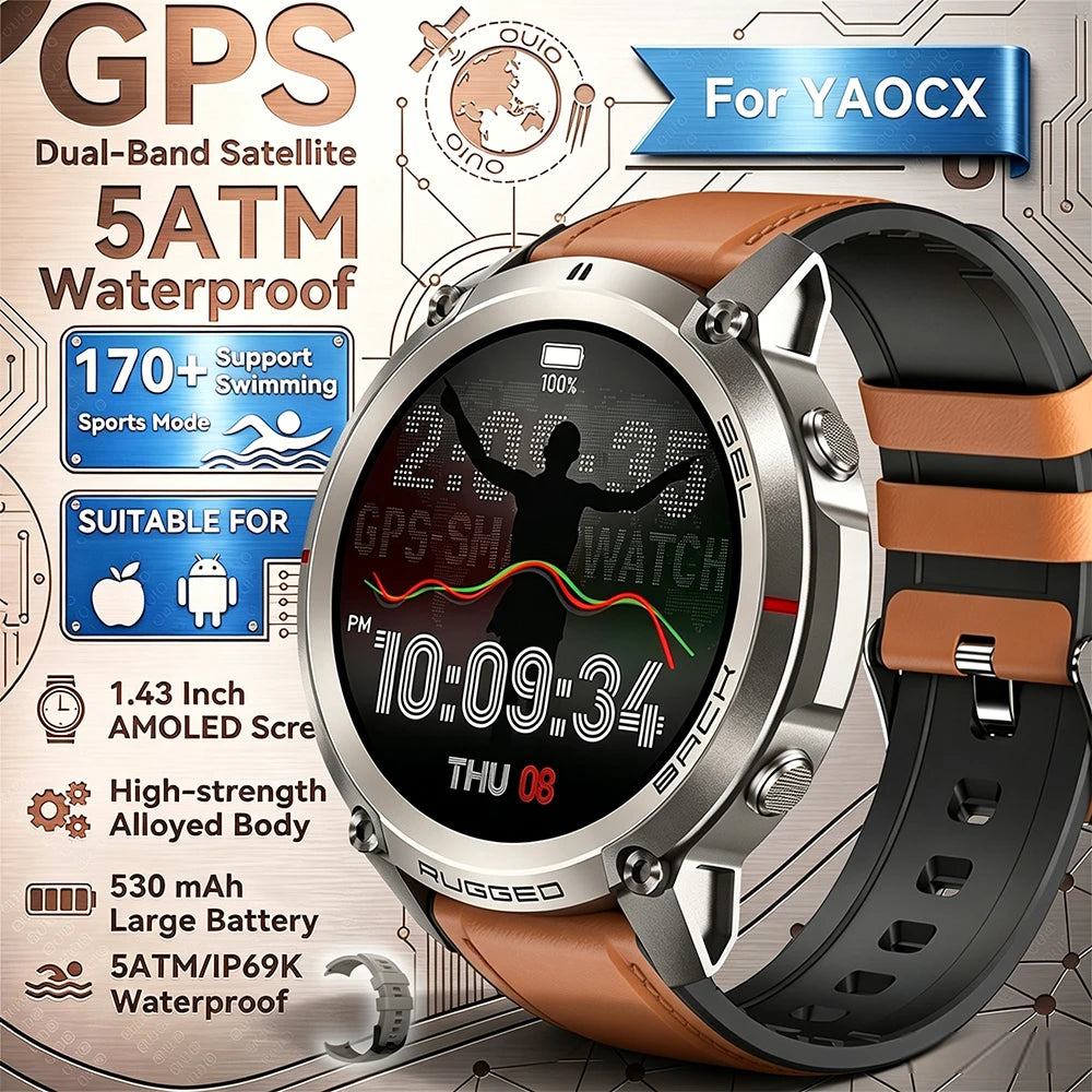 2026 New Outdoor GPS Smart Watch Map Compass Navigation 5ATM Waterproof Bluetooth Call 100+Sport Mode Men AMOLED HD Smart Watch