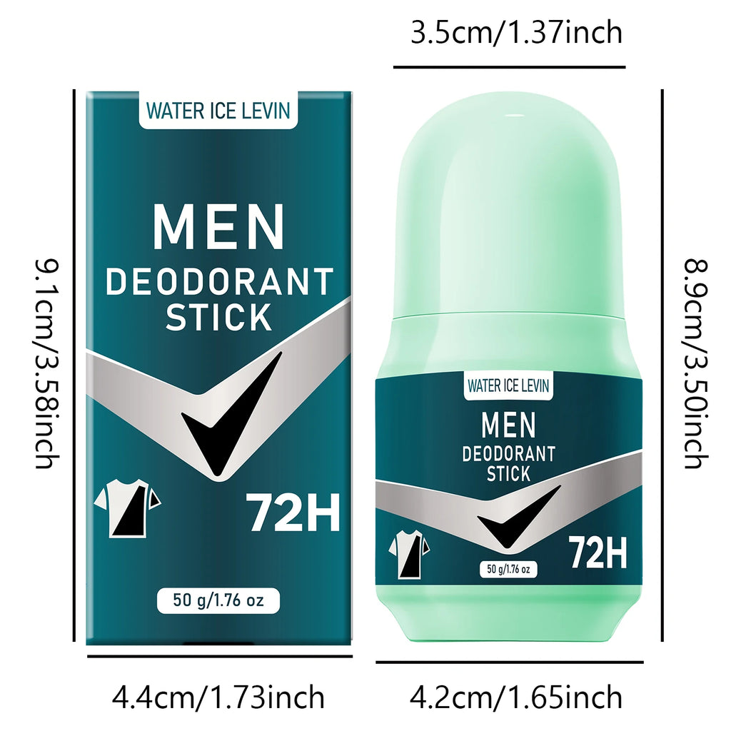 Water Ice Levin 72H men's deodorant stick, teal and mint green packaging, prevents white marks and yellow stains.