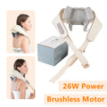 Cream-colored, wearable mini neck massager with grey kneading nodes and control panel, used for shoulder relief.
