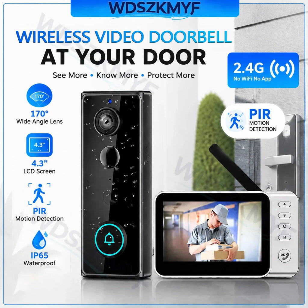 New Waterproof Wireless Doorbell Camera 4.3in IPS Screen Active Wake-Up Video Intercom Doorbell 1080P Home Security Door Bell