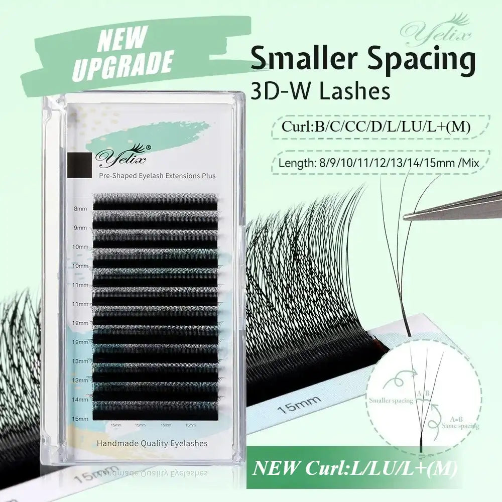 Yelix black 3D W-shape premade volume lash extension tray with smaller spacing for a natural, soft look.