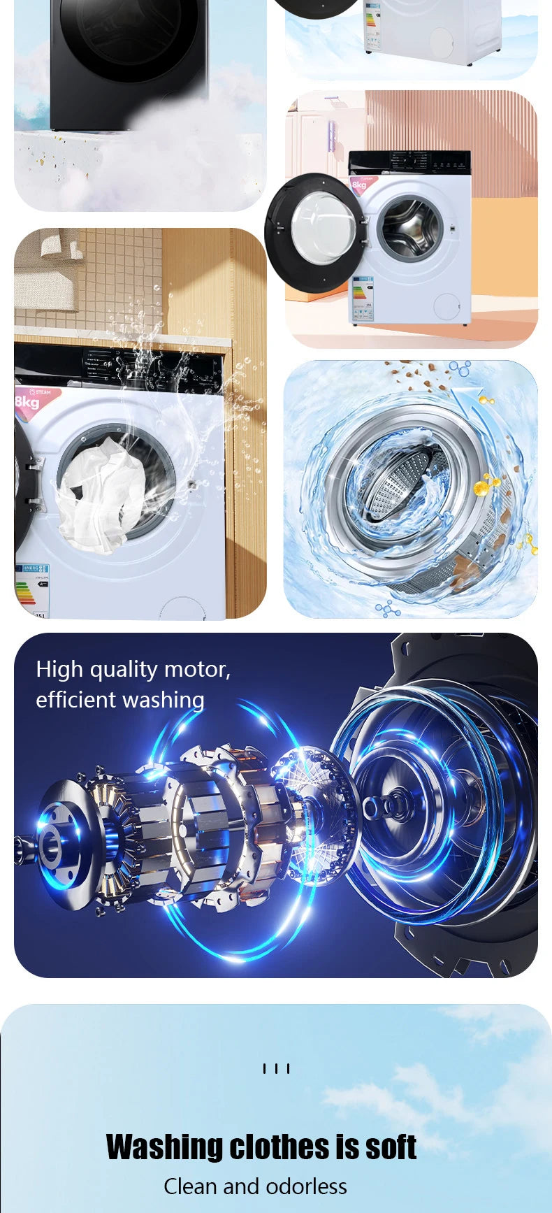 Tidesmit 12KG automatic washer dryer combo showing stackable design and inverter motor control panel side angle view