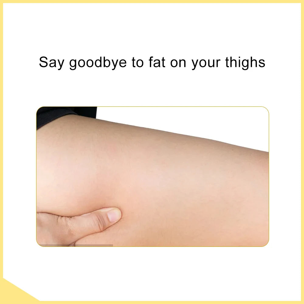 Hand holding skin on thigh to demonstrate fat reduction with Korean Dot Matrix RF skin lifting rejuvenation device.