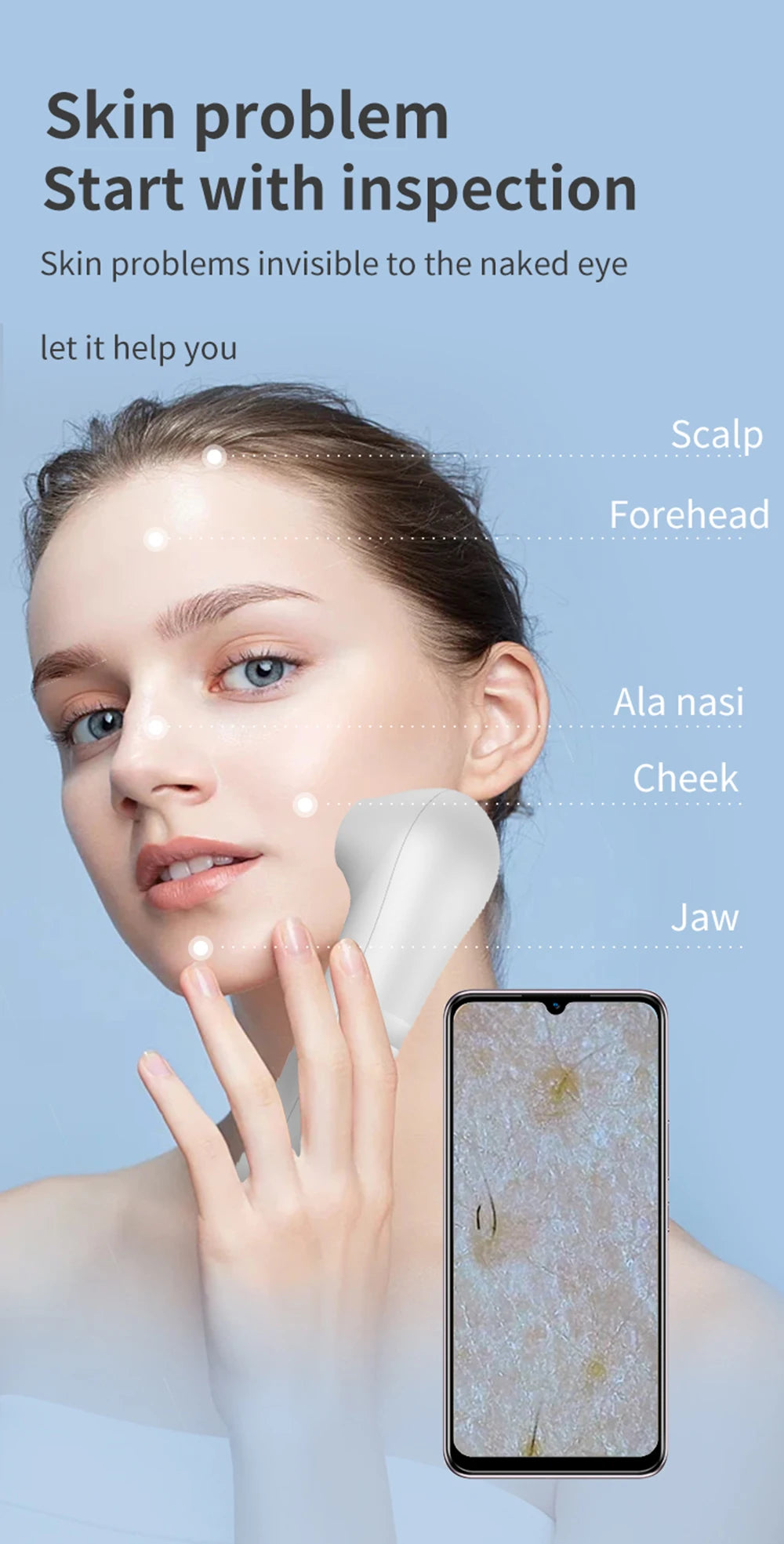 White professional HD skin and hair follicle detector device analyzing facial skin and scalp health via smartphone app.