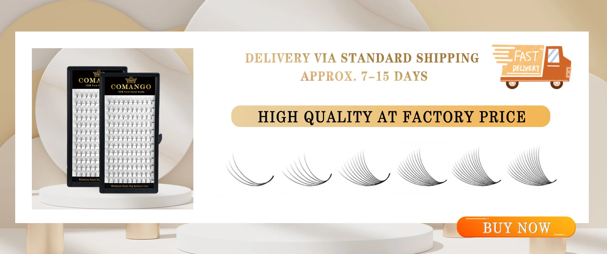 Two black trays of synthetic cluster eyelashes, shown with six individual fan styles for professional application.