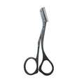 Professional matte black stainless steel eyebrow trimmer scissors with a precision comb edge for shaping.