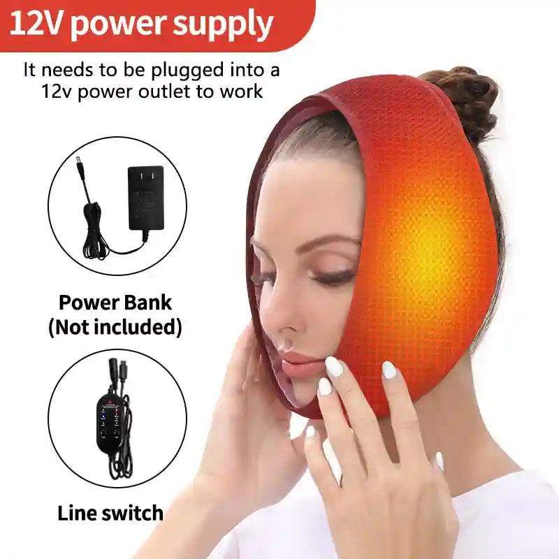 Person wearing an orange heated facial wrap around their jaw, with an inset showing a power adapter and line switch.