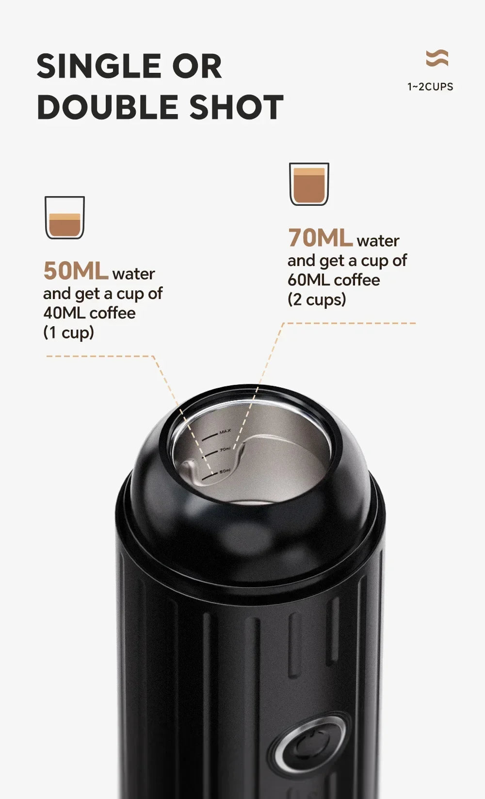 Black portable coffee maker with stainless steel internal water tank for 50ml or 70ml single and double shots.
