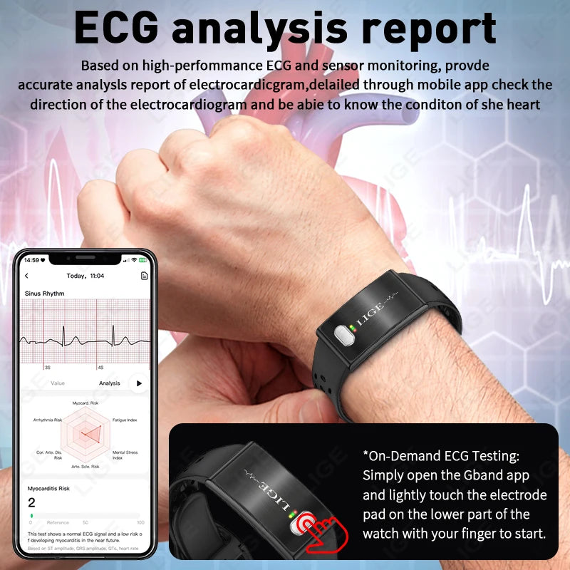 LIGE ECG HRV Health Smart Bracelet Heart Rate Blood Pressure Monitoring Body Fat BMI Body Temperature Fitness Tracker Smartwatch