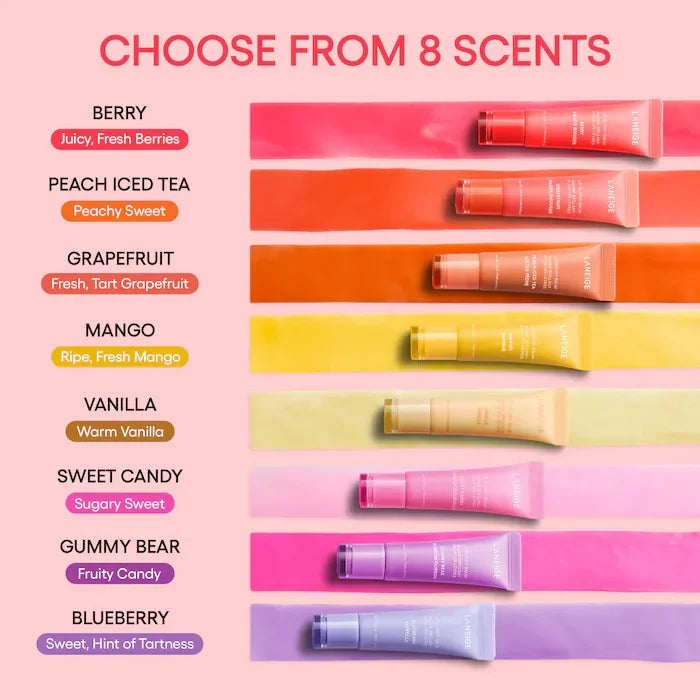 Laneige hydrating lip balm tubes in 8 vibrant colors and fruity scents for smooth, nourishing daily lip care.