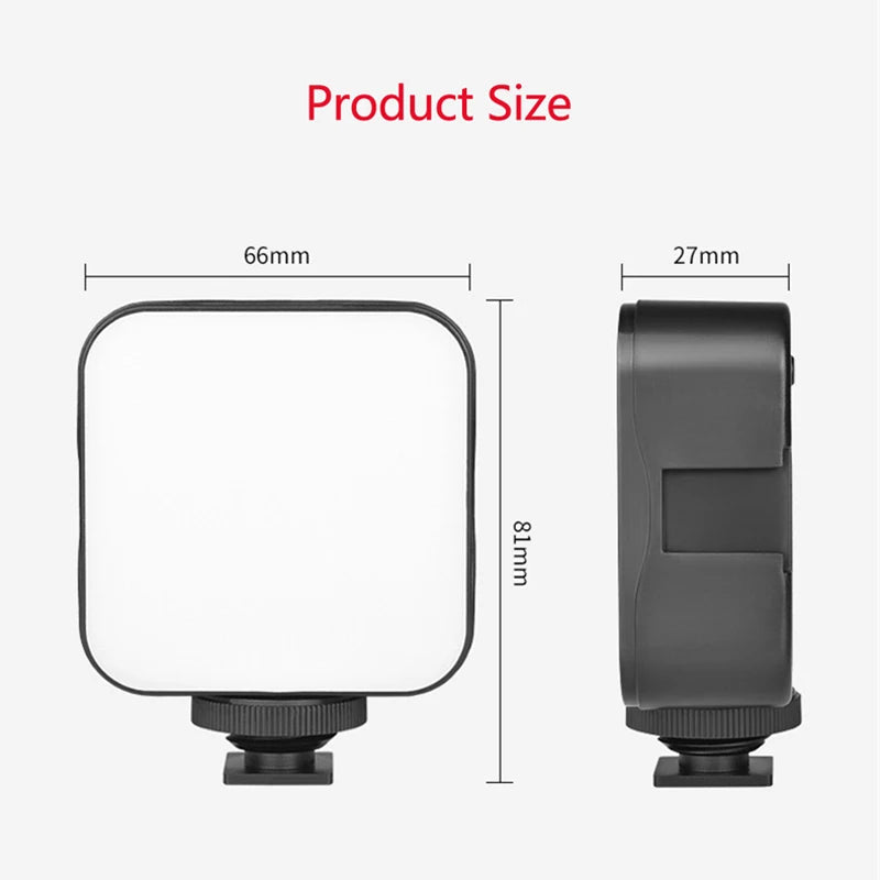 Black LED video light for cameras, 66x81x27mm, with a square white panel and a shoe mount for attachment.