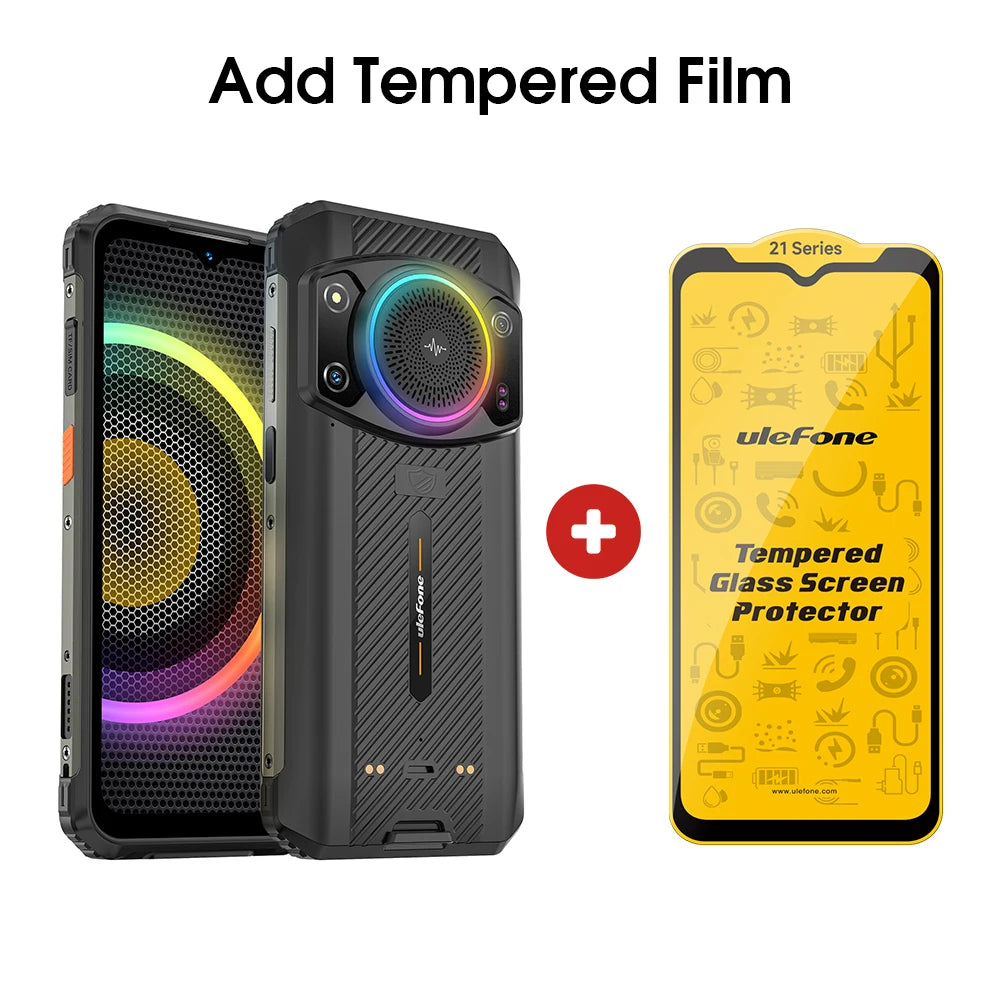 Ulefone Armor 21 rugged phone with RGB speaker, night vision camera, and tempered glass screen protector.