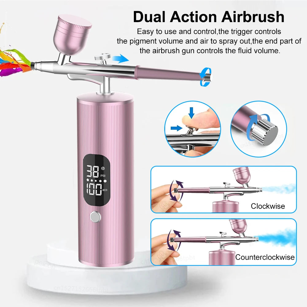 Pink portable dual-action airbrush kit with digital display for nail art, cake decorating, and makeup applications.