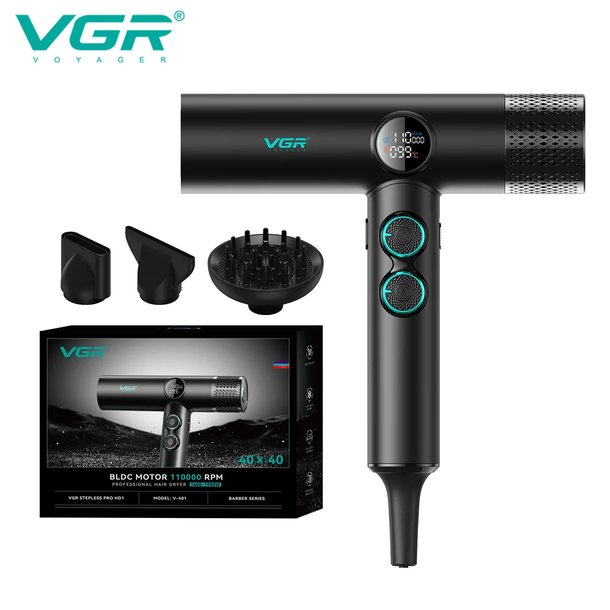 VGR V-401 black leafless hair dryer with digital display, brushless motor, and 3 styling attachments in retail box.