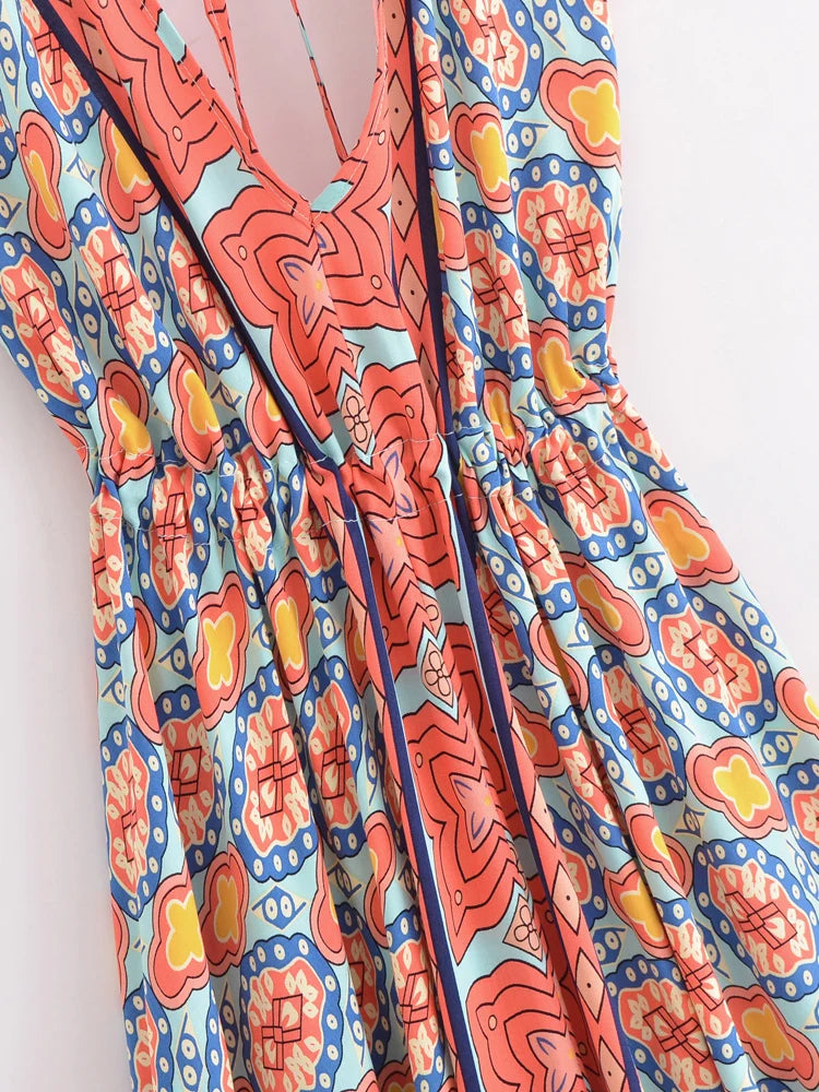 Vintage Women Geometric Print Backless Sexy Beach Bohemian Maxi Dress Lady High-Low Tassel Strapless Vacation Summer Boho Dress