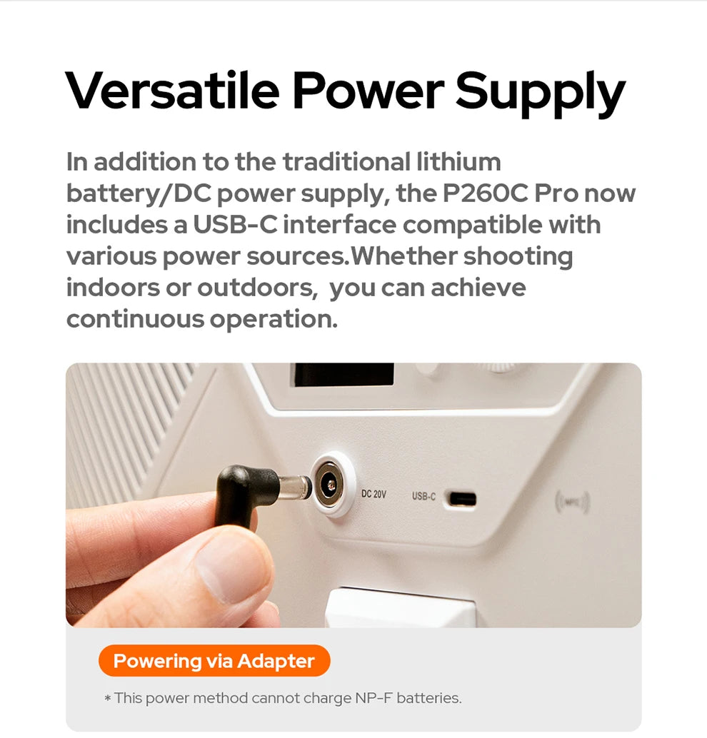 P260C Pro light showing an L-shaped DC power adapter being plugged into its white plastic rear power port.