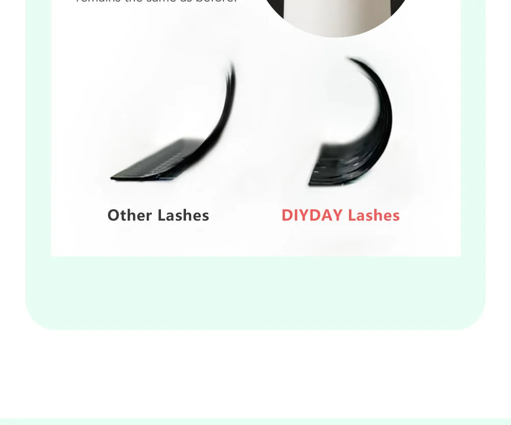 Comparison showing the flatter curve of standard lashes versus the distinct, fluffy U-shape of DIYDAY faux mink lashes.