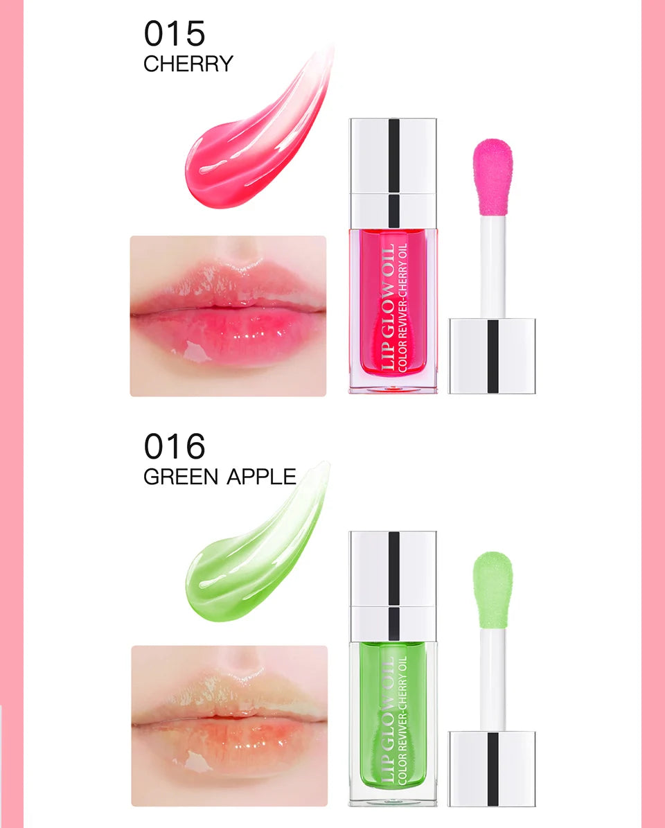 Moisturizing crystal lip oil in Cherry and Green Apple shades with glossy, plumping texture and applicator.