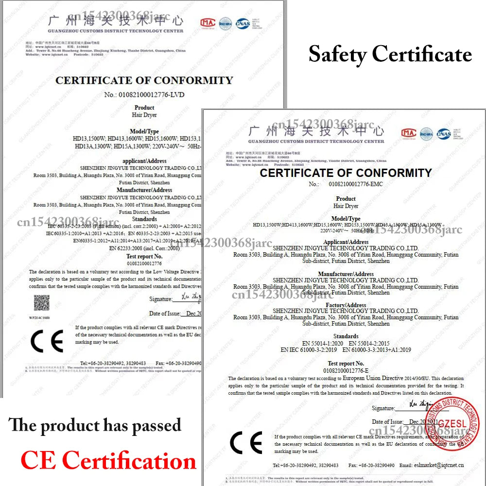 Official CE safety certification document for SenCiciMen X9 professional hair dryer and multi-styler curling iron.