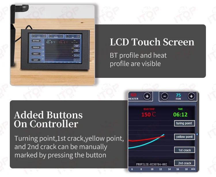 ITOP coffee roaster digital LCD touch screen controller with manual roast profile marking buttons and temperature data.