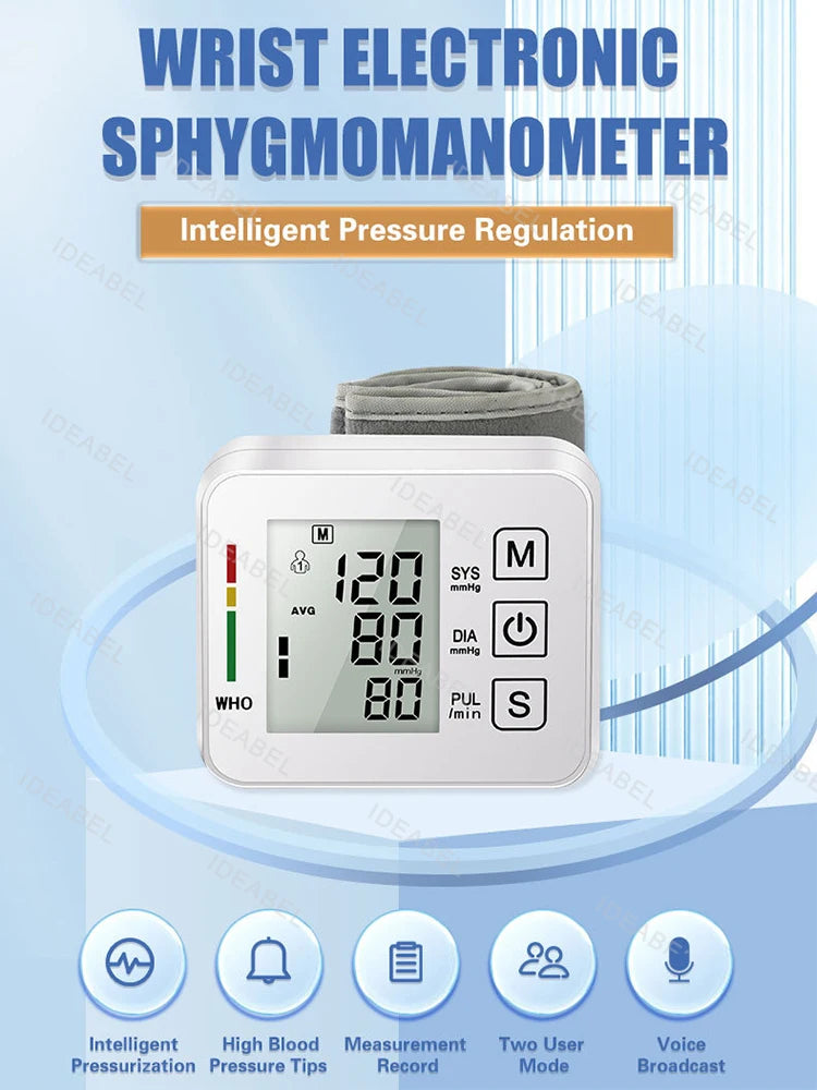 Smart LCD Screen English Voice Broadcast Wrist Blood Pressure Monitor Digital Automatic BP Tonometer Heart Rate Sphygmomanometer