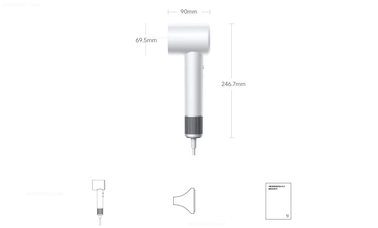White Mijia H501 high-speed hair dryer with nozzle attachment and dimensions diagram for quick, professional drying.