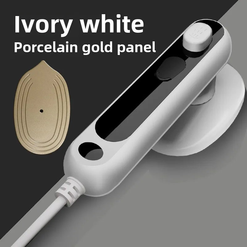 Ivory white handheld steam iron with porcelain-gold panel and black steam window