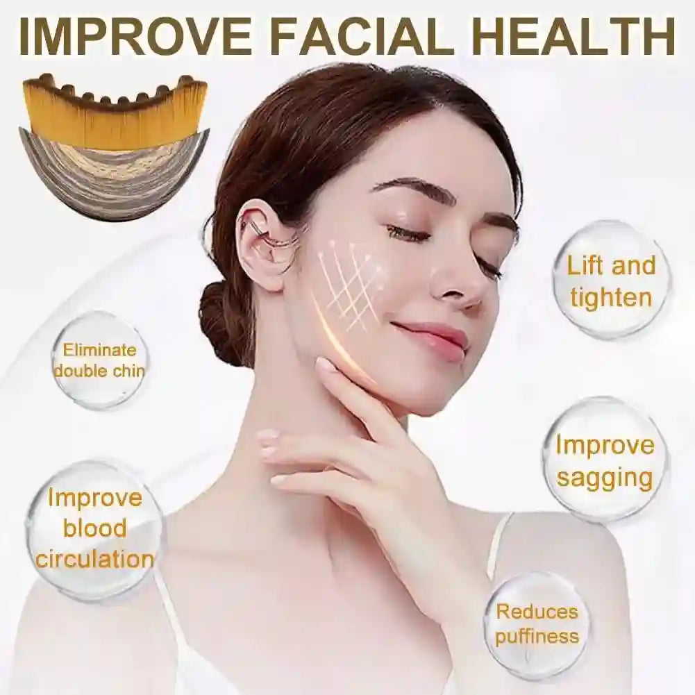Crescent-shaped facial contouring brush with wood-grain handle and soft golden bristles for lymphatic massage.