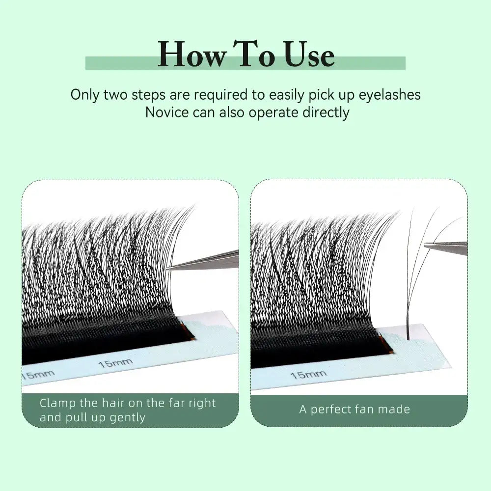 Instructional graphic showing how to use tweezers to lift and apply black 3D W-shape premade volume lash fans.