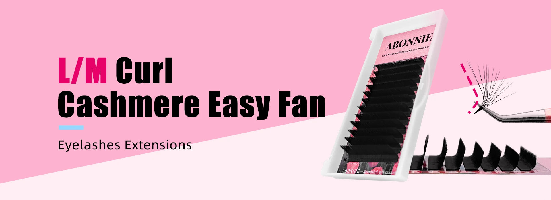 Abonnie black cashmere easy fan eyelash extension tray with a fan being lifted by tweezers on a pink background.