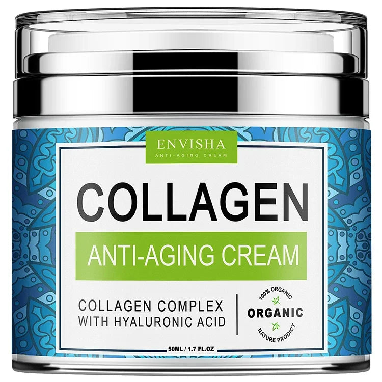 Jar of Envisha Collagen Anti-Aging Cream with blue mandala design, silver lid, and 50ml capacity label.