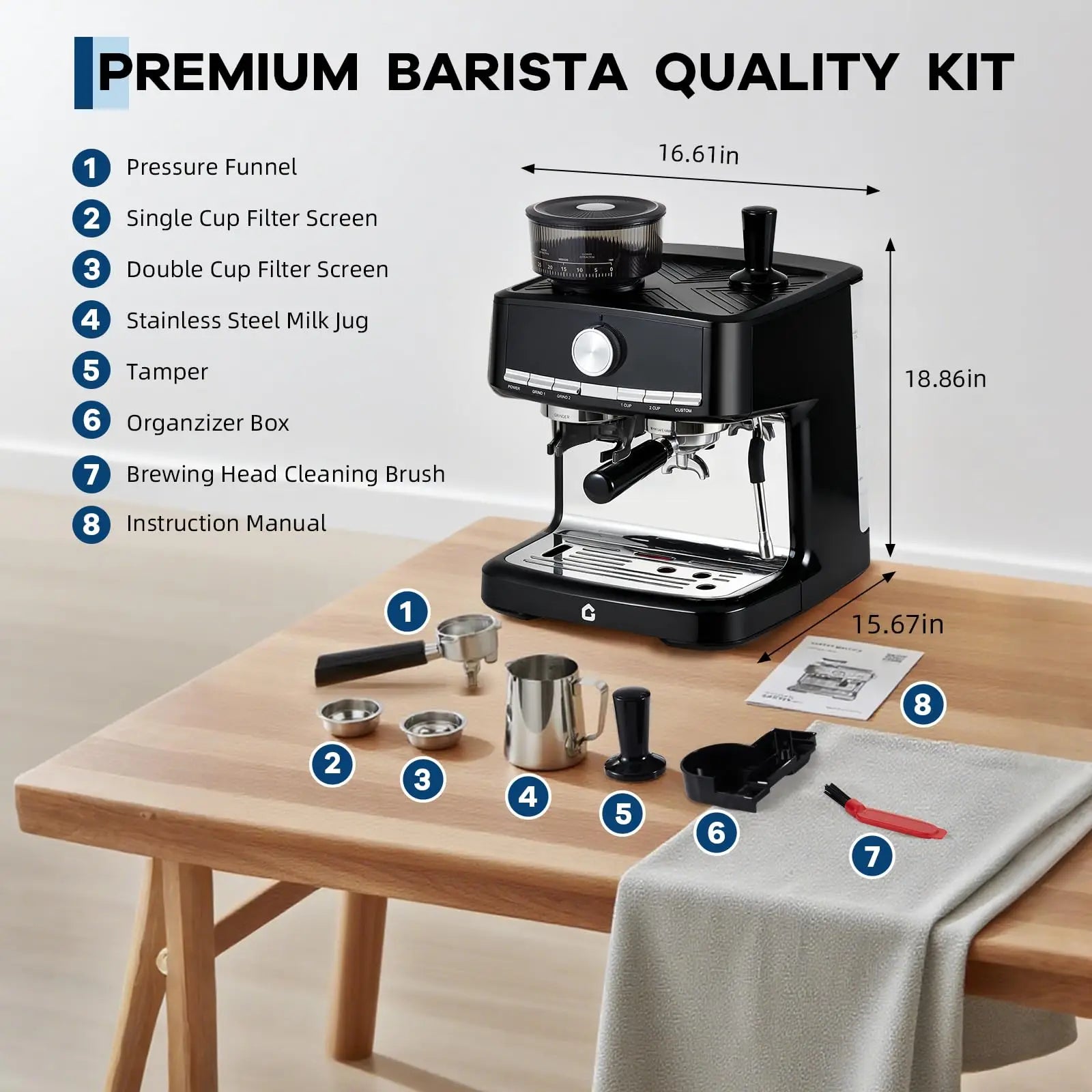 Black espresso machine with built-in grinder and 8-piece premium barista accessory kit, 16.61in wide.