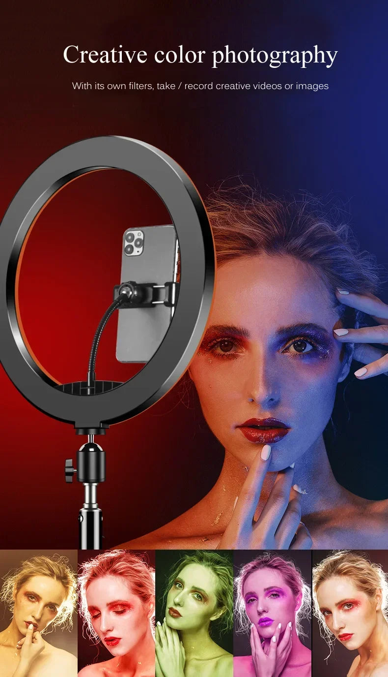 Black ring light with a center smartphone mount on a metal stand for creative lighting and mobile photography.
