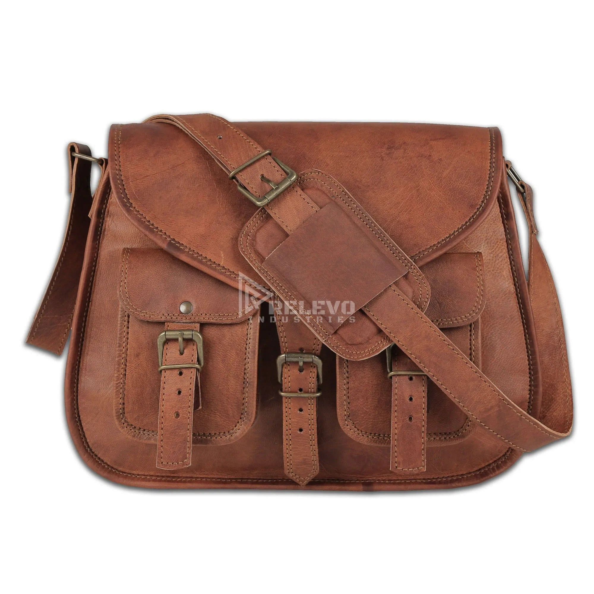 Brown leather satchel handbag with dual front pockets, brass buckles, and adjustable shoulder strap. Designer style.