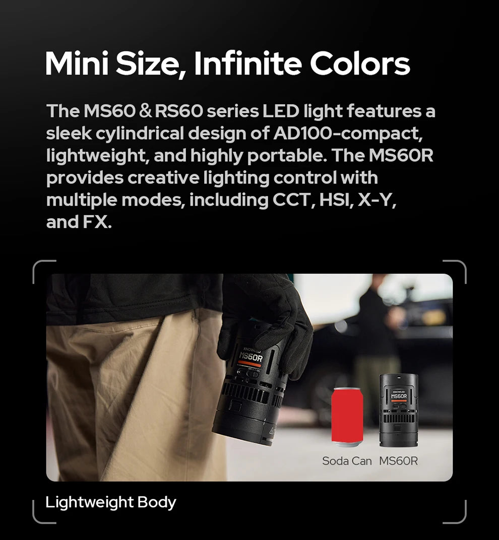 Compact black cylindrical MS60R LED light for portable creative lighting, shown next to a soda can for scale.