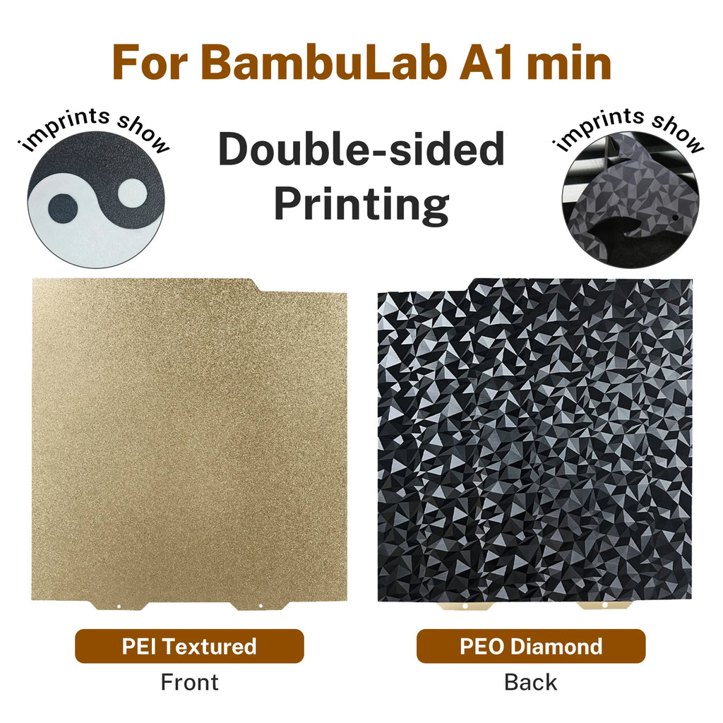 Double-sided 184x184mm build plate for Bambu Lab A1 Mini featuring textured PEI and diamond PEO for unique 3D prints.