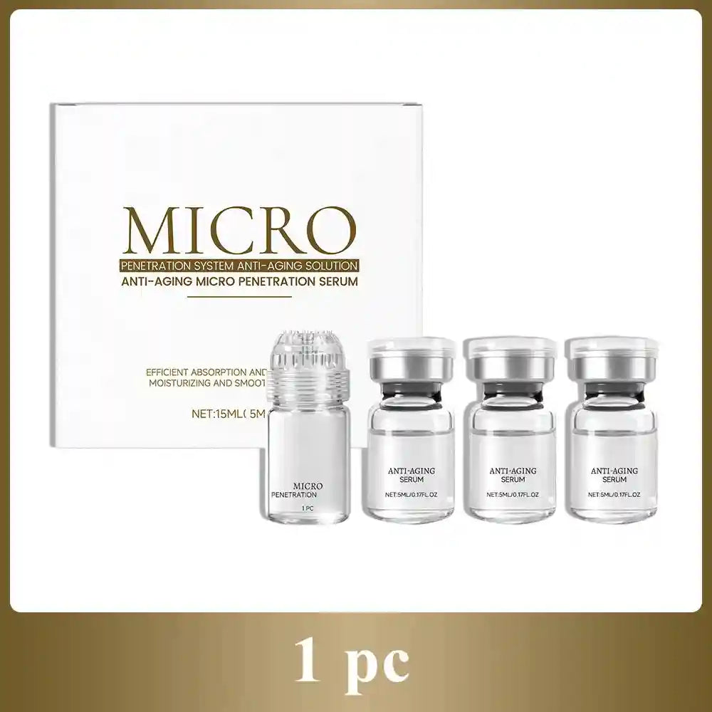 Collagen Anti-Aging Serum set featuring one micro-penetration tool and three 5ml clear vials in a white product box.