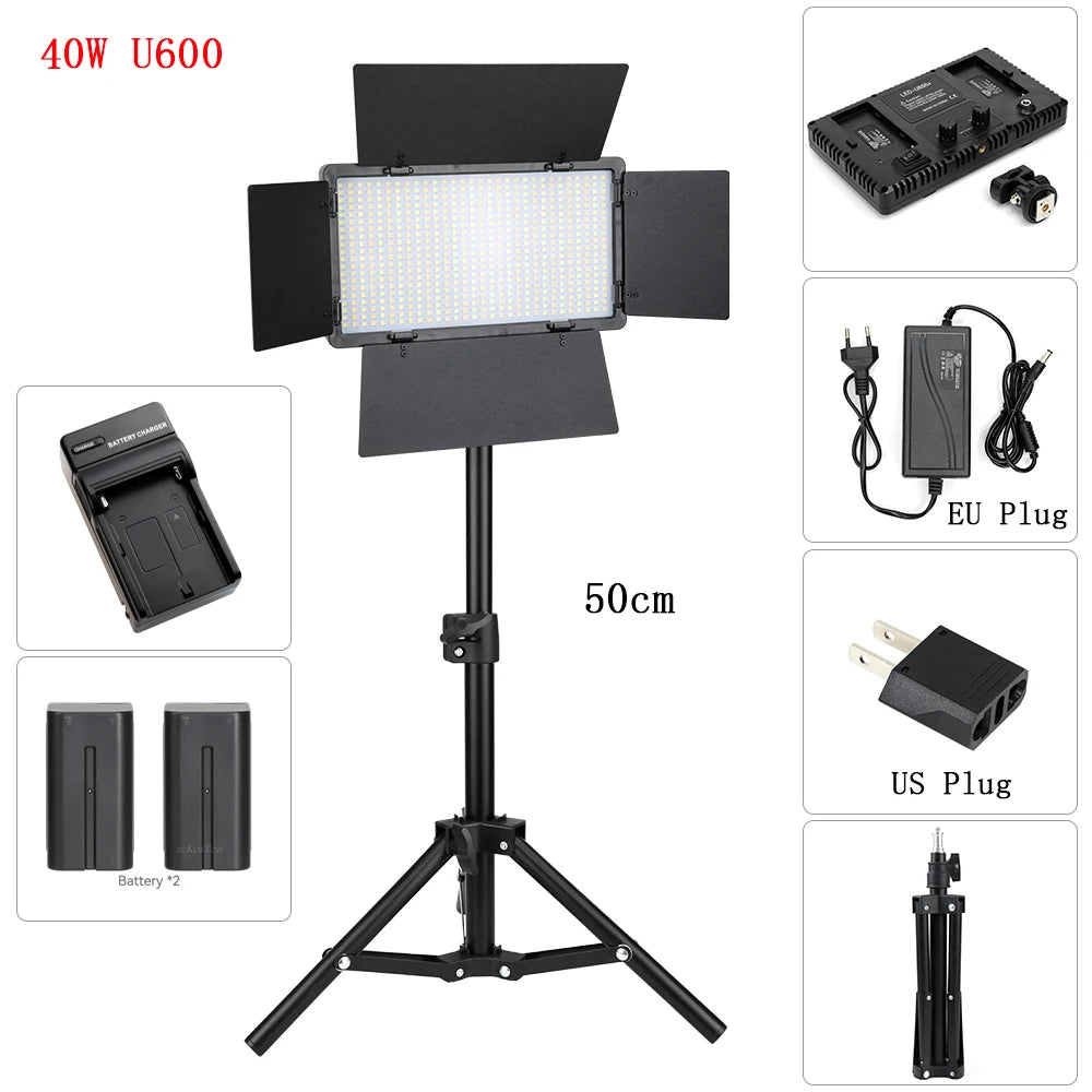U600 40W LED studio light with barn doors, 50cm tripod stand, two batteries, charger, and US/EU power adapters.