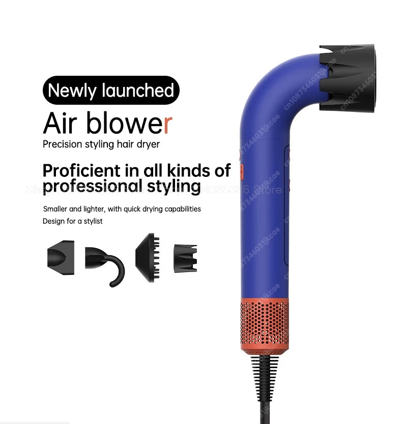 Blue leafless negative ion hair dryer with professional styling attachments for quick, precision salon drying.