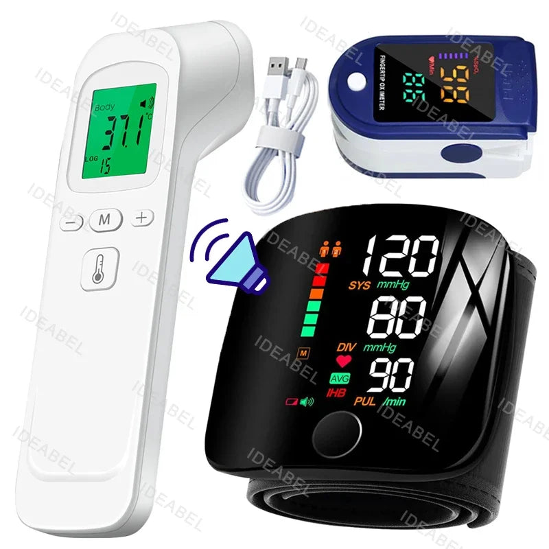 New LED Wrist Blood Pressure Monitor English Voice Broadcast Sphygmomanometer Tonometer BP Monitor Forehead Digital Thermometer