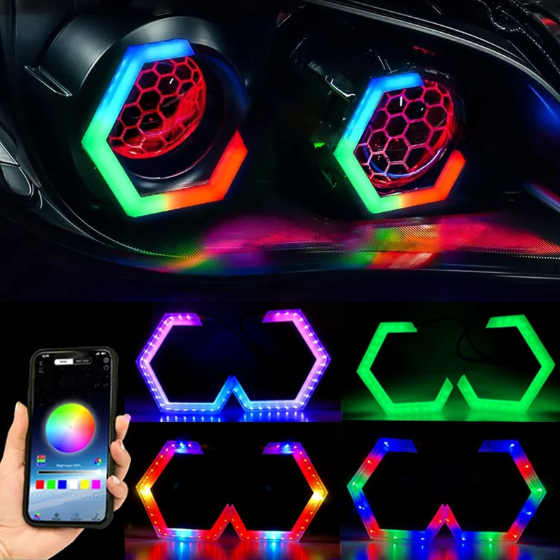 Hexagon LED Angel Eyes RGB Halo Rings for Headlight - Multi-Size Tidesmit