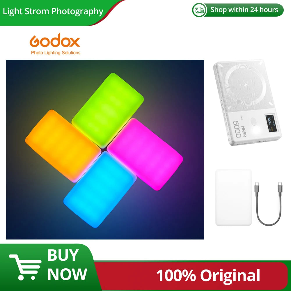 RGB LED light panel in white, rectangular, capable of glowing in multiple colors for photography and video lighting.