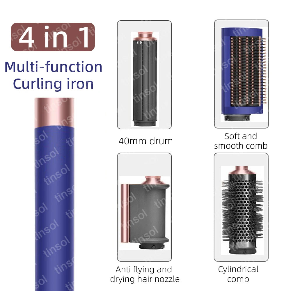 Blue 4-in-1 ionic hair dryer set with curling iron, smoothing brush, round comb, and anti-flyaway nozzle attachments.