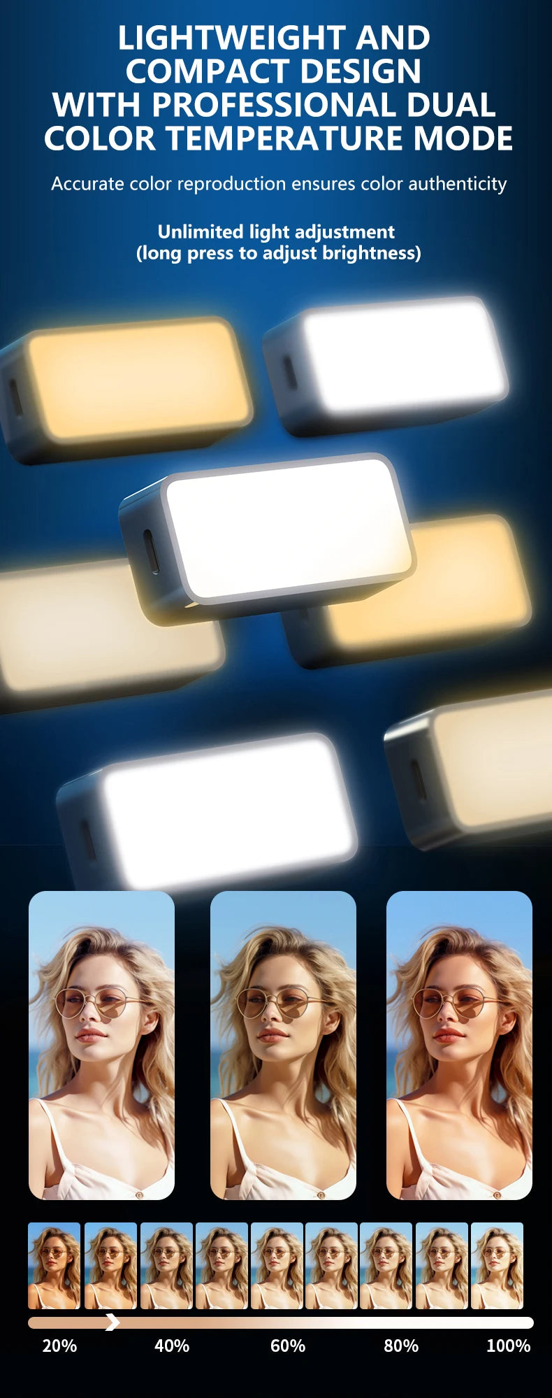 Rectangular LED video light with adjustable warm and cool color temperatures and brightness for photography lighting.