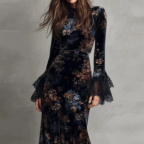 Floral Print Velvet Lace Maxi Dress in dark navy with blue and copper floral patterns and tiered lace bell sleeves.