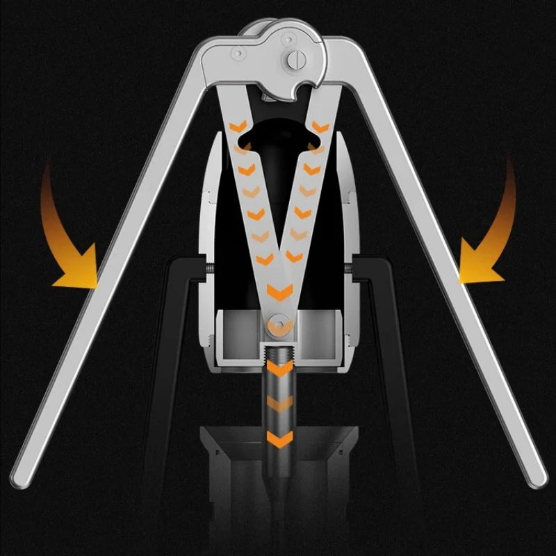 Manual lever espresso maker with silver metal frame and black ergonomic press mechanism, shown in motion diagram.