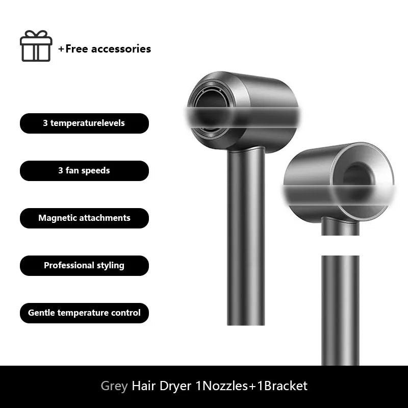 Grey professional ionic hair dryer with magnetic attachments, 3 speeds, and 3 heat settings for salon-quality blowouts.